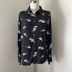 Equipment Silk Button Up Shirt Long Sleeve Lightweight Black With White Birds Pr